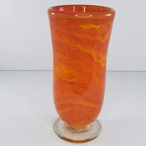 Orange Swirl Art Glass Vase Footed Signed